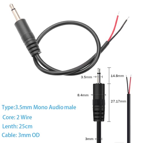 10PCS 3.5mm 1/8" TS Mono Audio Male Plug to 2Wire Pigtail Cable | 25cm Length，TS 2Pole，for Headphone Headset Earphone DIY Repair Replacement - style: 3.5mm TS Mono Male