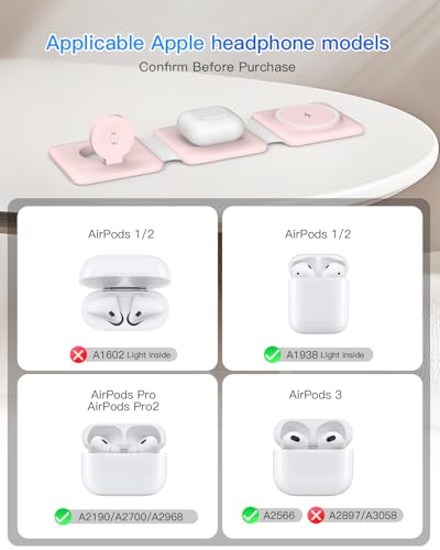 Charging Station for Apple Multiple Devices: 3 in 1 Foldable Magnetic Wireless Charger Stand - Travel Charging Dock Compatible with iPhone 17 16 15 14 13 12 Pro Max Plus Apple Watch AirPods - color: Pale-pink