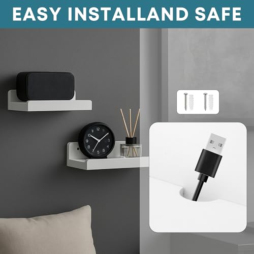 Floating Wall Shelves Set of 2, 12-Inch Solid Wood Shelves with Cable Holes, Small Display Shelf for Router, Webcam, Smart Speaker, Camera – White - color: White, size: 12 Inch-2 Pcs