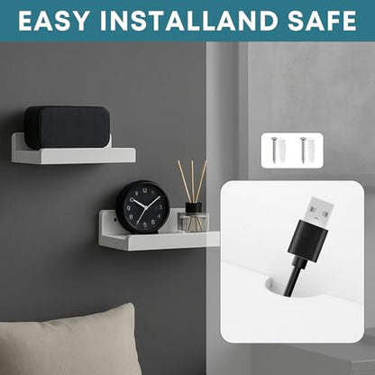 Floating Wall Shelves Set of 2, 12-Inch Solid Wood Shelves with Cable Holes, Small Display Shelf for Router, Webcam, Smart Speaker, Camera – White - color: White, size: 12 Inch-2 Pcs