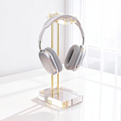 Headphone Stand Headset Holder for Desk, Solid Christal-Clear Acrylic with Gold Hardware Earphone Hanger for Gaming Room Office Accessories - color: Gold