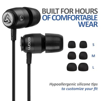 LUDOS Clamor 2 PRO Wired Earbuds in-Ear Headphones, 5 Years Warranty, Earphones with Microphone, Noise Isolating Ear Buds, Memory Foam for iPhone, Samsung, School Students, Kids, Women, Small Ears - style: 3.5 mm