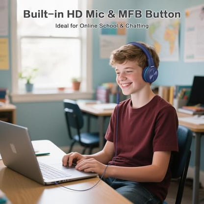 SIMOLIO USB C Wired Kids Headphones, Built-in Microphone & Share Port | USB C to 3. 5mm Dongle, 3-Level Volume Limiter, Over-Ear Headsets w/Pouch, Foldable for Airplane Travel School iPad - color: Deep Blue USB C&3.5mm