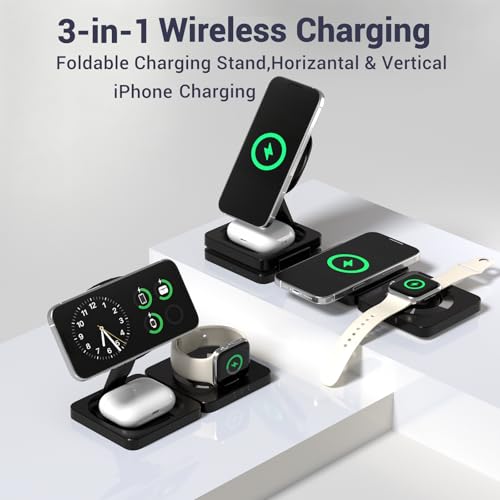 3 in 1 Wireless Charging Station for Apple Magsafe Charger Stand,Fast Magnetic Wireless Charger Station for iPhone 17 Air 16 15 14 13 12 Series,Airpods Pro,Apple Watch Ultra (Black) - color: Black