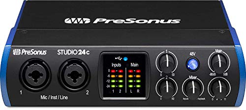PreSonus Studio 24c 2×2 USB-C Audio/MIDI Interface + Studio One Artist DAW + Cardioid Condenser Microphone Kit with XLR Cable Shockmount Pop Filter Mic Stand and Headphones Bundle