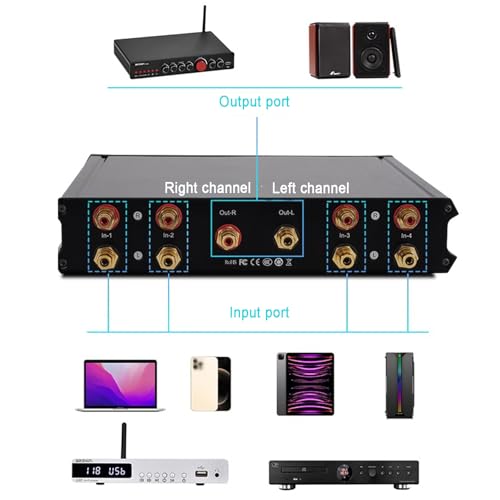 4-in 1-Out Audio Switcher, Stereo Audio Source Signal Switch Box, Manual Passive Audio Splitter Box, Hi-fi Lossless Selector, for CD DVD Radio Power Amplifier Speaker