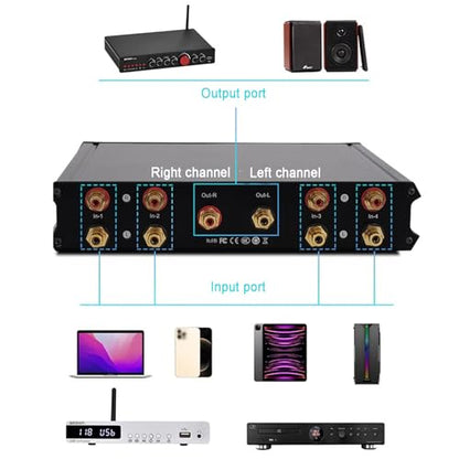 4-in 1-Out Audio Switcher, Stereo Audio Source Signal Switch Box, Manual Passive Audio Splitter Box, Hi-fi Lossless Selector, for CD DVD Radio Power Amplifier Speaker