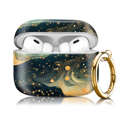 Compatible with Airpod pro 2nd/1st Generation Case Cover with Gold Round Keychain Cute Pattern Hard & Anti Slip Cover for Men Women & Girls（Starry Sky） - color: Starry Sky
