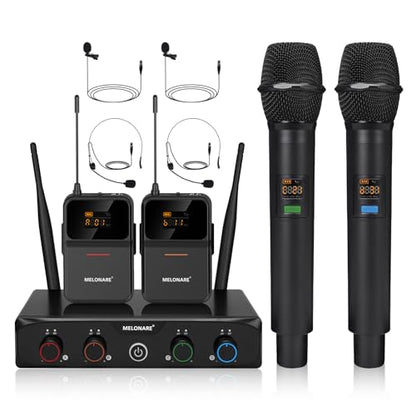 MELONARE 4-Channel UHF Compact Wireless Microphone System MWM-41-2H2B | 2 Handheld Mics, 2 Bodypacks, Headset/Lapel Mics, 4 x 10 Frequencies, 200 ft Range, Karaoke, Church - size: 2 Handheld 2 Bodypack Mics
