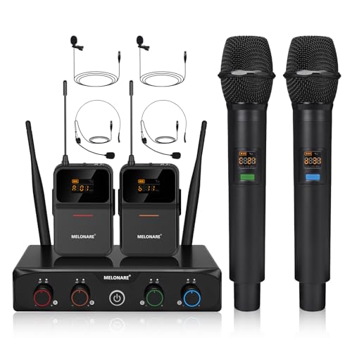 MELONARE 4-Channel UHF Compact Wireless Microphone System MWM-41-2H2B | 2 Handheld Mics, 2 Bodypacks, Headset/Lapel Mics, 4 x 10 Frequencies, 200 ft Range, Karaoke, Church - size: 2 Handheld 2 Bodypack Mics
