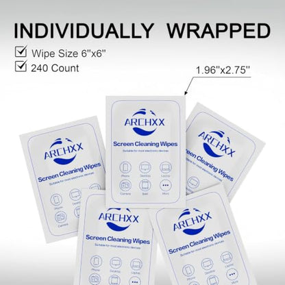 ARCHXX Screen Wipes for Electronics, 240 Count 6"x6" Pre-Moistened Screen Cleaner for Screens, Computer,Laptop,Tablet,Phone,Monitor,Car Screen Cleaner, Lens Wipes Individually Wrapped - size: 1 Count (Pack of 240)
