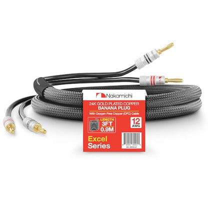 Nakamichi 24k Gold Plated Banana Plugs with 12 AWG Speaker Cable 99.9% OFC | Oxygen-Free Copper, Excel Series, Heavy Duty Braided for Amplifier Receiver Hi-Fi Stereo Audio Wire - Black (3 feet / 0.9m) - color: Black (12 AWG), size: 3-Feet (0.9m)