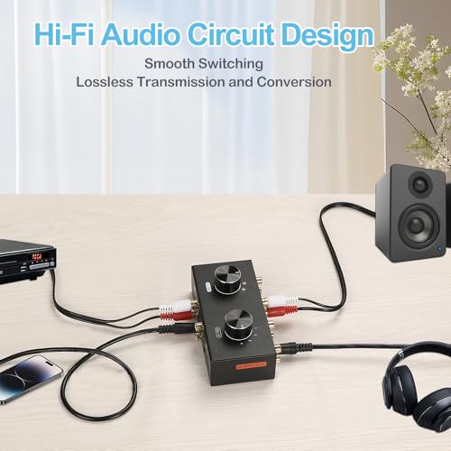 Bi-Directional 2 in 4 Out & 4 in 2 Out RCA 3.5mm Port Audio Switcher, 2-Way 4-Way 4x2 RCA 1/8 Stereo Speakers Headphones Audio Switch Selector Box