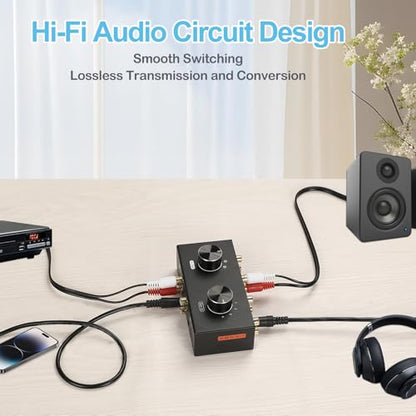 Bi-Directional 2 in 4 Out & 4 in 2 Out RCA 3.5mm Port Audio Switcher, 2-Way 4-Way 4x2 RCA 1/8 Stereo Speakers Headphones Audio Switch Selector Box