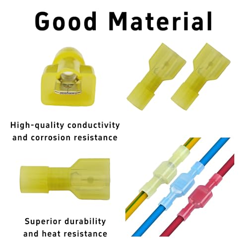 100Pcs Yellow Male Spade Connectors 12-10 AWG, Nylon Insulated Quick Disconnect Terminals, Tinned Copper Crimp Wire Connectors for Automotive, Speaker, Electronics - size: 12-10 AWG