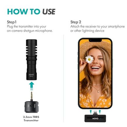 Movo WM-VXR10 Wireless Shotgun Mic Adapter for iPhone/Lightning Devices - Compatible VXR10, VXR10-PRO and Rode VideoMicro - size: Lightning / iPhone