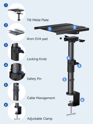 suptek Clamp-on Speaker Stand Desk Mount, Height Adjustment, Swivel, Tilt, 9.6 x 8.8 in Trays, Universal Audio Holders for Bookshelf Speakers, Elevated Sound, Against the Wall, 2 Pack, Black, SDM001KT - color: Black, size: Tilt Speaker Stands Against the