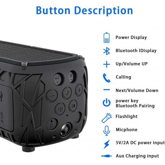 Solar Bluetooth Speaker 60 Hours Play Time 5000mAh Power Bank Outdoor Portable Wireless Dual Speaker with Mic Stereo Sound Bass, for Home, Hiking, Travel, Riding, Beach, Camping-Black