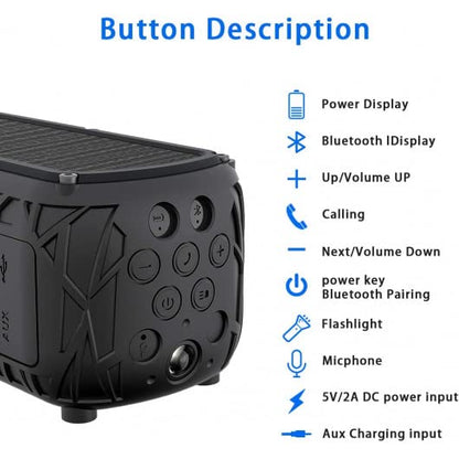 Solar Bluetooth Speaker 60 Hours Play Time 5000mAh Power Bank Outdoor Portable Wireless Dual Speaker with Mic Stereo Sound Bass, for Home, Hiking, Travel, Riding, Beach, Camping-Black