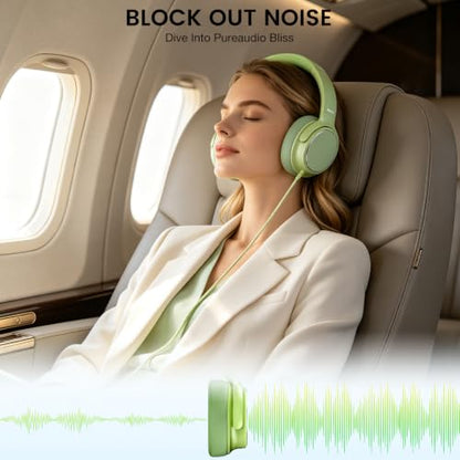 USB C Wired Over-Ear Headphones with Microphone | Volume Control, Share Port, Adjustable Headband Foldable Stereo Headset for Adult/Teens for iPhone 16, Laptop, Gaming, Travel - color: Grass Green