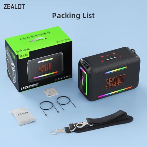 ZEALOT 120W RMS(150W Peak) Bluetooth Speaker, Portable Wireless Speakers IPX6 Waterproof Loud Bluetooth Subwoofer Speaker with LED Light, 40H Playtime, Custom EQ, Stereo TWS Pairing for Outdoor, Party - color: Black