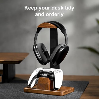 UPERGO Walnut Headphone Stand with Controller Holder & Storage Base
