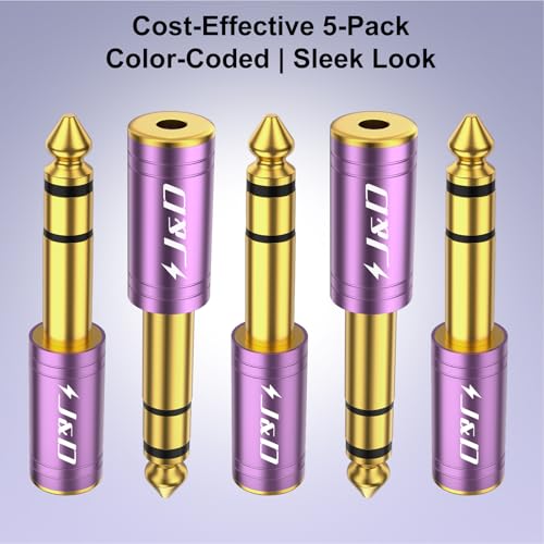 J&D 5-Pack 1/4 to 1/8 Headphone Adapter, 6.35 mm to 3.5 mm Stereo TRS Male to Female, Gold-Plated 3.5mm Plug Jack Connector for Guitar, Amp, Keyboard, Bass, Purple - color: Purple