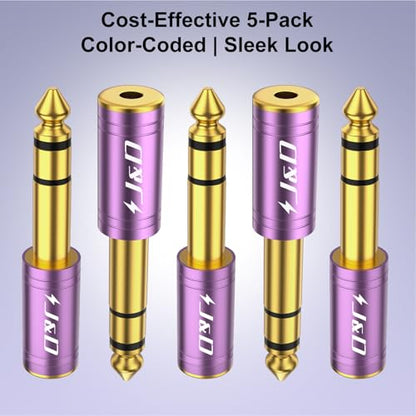 J&D 5-Pack 1/4 to 1/8 Headphone Adapter, 6.35 mm to 3.5 mm Stereo TRS Male to Female, Gold-Plated 3.5mm Plug Jack Connector for Guitar, Amp, Keyboard, Bass, Purple - color: Purple