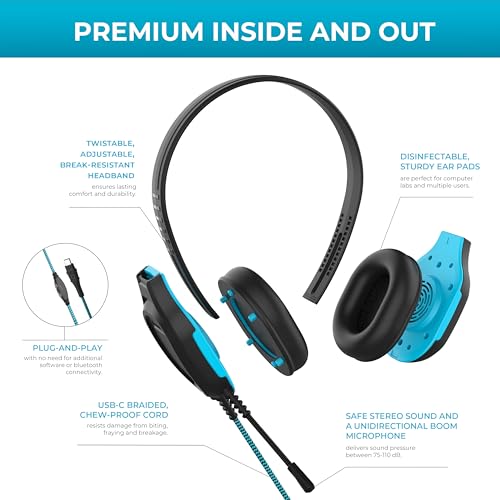Gumdrop DropTech On-Ear Wired Headphones w/Mic | USB C - Long Tangle Free Chew-Proof Cord - Rugged Reliable Drop Tested and Comfortable for Kids K-12 Students Classroom and School Use - size: USB-C with Mic