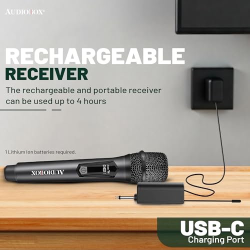 Audiobox UHF Wireless Microphone, Rechargeable Karaoke Mic, Black (2 Pack) | 160ft Wireless Range, Low-Latency Audio, Metal Housing, USB-C Charging, LED Indicator, PA & Mixer Compatible