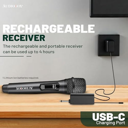 Audiobox UHF Wireless Microphone, Rechargeable Karaoke Mic, Black (2 Pack) | 160ft Wireless Range, Low-Latency Audio, Metal Housing, USB-C Charging, LED Indicator, PA & Mixer Compatible