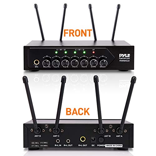 Pyle Portable UHF Wireless Microphone System - Battery Operated Four Bluetooth Cordless Microphone Set with 50 Channels Selectable Frequency, Receiver Base, AUX, for PA Karaoke DJ Party -PDWM4122