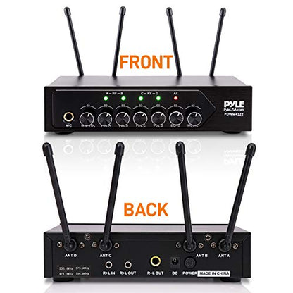Pyle Portable UHF Wireless Microphone System - Battery Operated Four Bluetooth Cordless Microphone Set with 50 Channels Selectable Frequency, Receiver Base, AUX, for PA Karaoke DJ Party -PDWM4122