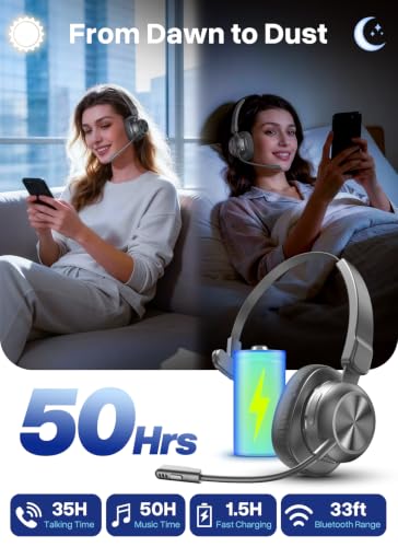 Trucker Bluetooth Headset, Wireless Headset with Microphone | USB Dongle, On Ear Bluetooth Headphones with AI Noise Cancelling 50H Playback Mute Button for Truck Driver Office Work, Ash - color: Ash