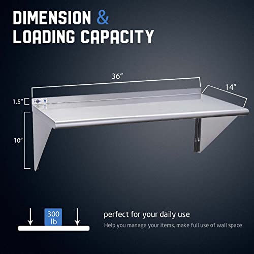Profeeshaw NSF Stainless Steel Shelf 14” x 36”, Commercial Wall Shelving | 300 lb, Wall Mounted Metal Shelves, with Backsplash and 3 Brackets, for Restaurant, Bar, Utility Room, Kitchen and Garage - size: 14"x36"