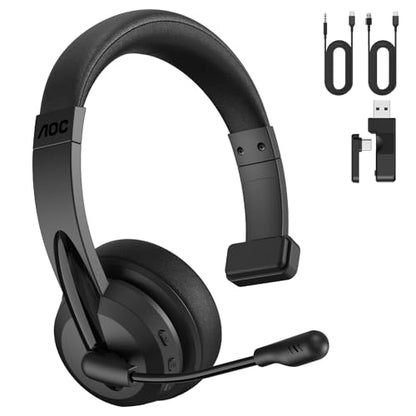AOC Wireless Headset with Microphone for Work, AI ENC Noise Cancelling Bluetooth 6.0 Headset, 45H Playtime Mono Office Headset with 2.4G Dongle