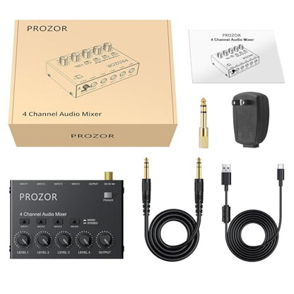 PROZOR Mini Audio Mixer 4 Channel Line Mixer - USB-C Powered Sub Mixer | with Volume Control & Stereo Mono Switch, Compact Low Noise Audio Mixer for Guitar, Bass, Keyboard, Recording, Streaming