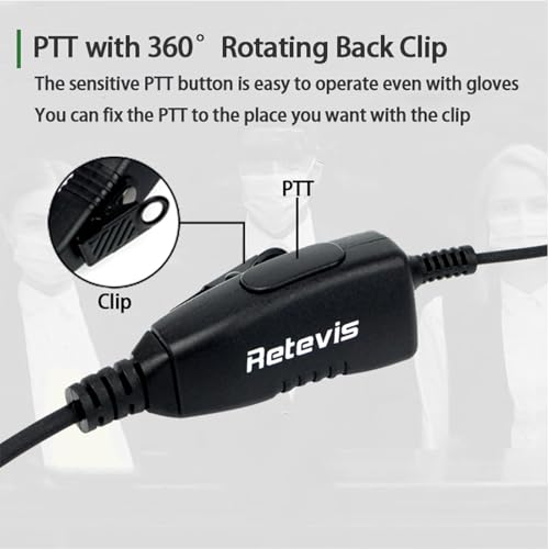 Retevis Walkie Talkie Earpiece, D-Type, 2 Pin, for H777/RT22/RT21/RT68 | PTT, Compatible with Pxton, Baofeng, Kenwood Walkie Talkies, Two Way Radio Earpiece with Mic, Hotels(1 Pack)