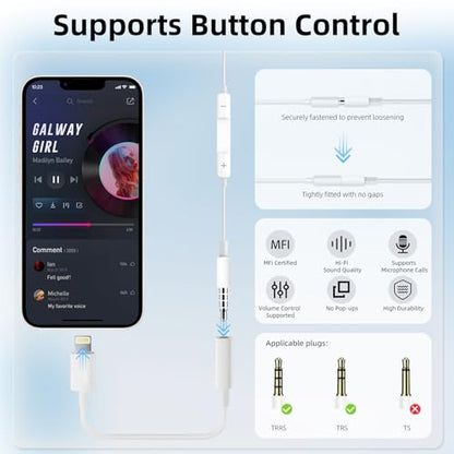 [MFi Certified] 2 Pack Lightning to 3.5mm Headphone Jack Adapter, Lightning to 3.5mm Adapter for iPhone 15/14/13/12/11/X/XS/8/7, Compatible with Headphones, Earbuds & Audio Devices