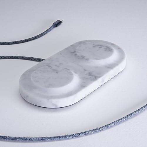 Einova Dual Classic Stone – Dual Wireless Charging Pad in Genuine Marble, Designed in Italy, Integrated 6 ft USB-C Cable, Smartphones, Wireless Earbuds, Smartwatches – White Carrara Marble - color: White Carrara marble – Dual Classic Stone
