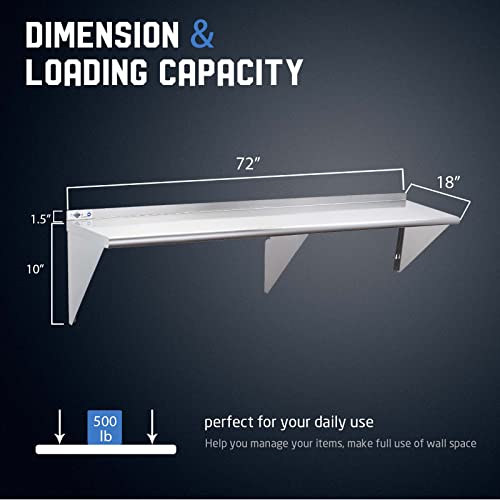 Profeeshaw NSF Stainless Steel Shelf 18” x 72”, Commercial Wall Shelving | 500 lb, Wall Mounted Metal Shelves, with Backsplash and 3 Brackets, for Restaurant, Bar, Utility Room, Kitchen and Garage - size: 18"x72"