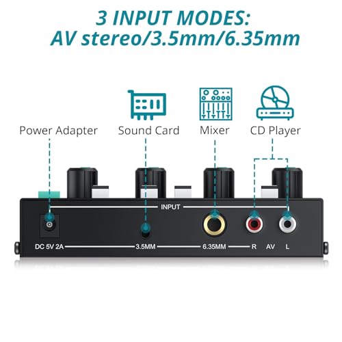 4 Channel Headphone Amplifier,Stereo Audio Amplifier Mixer with 3 Audio Inputs, Individual Mute & Volume Control, Mono/Stereo 1/4" & 1/8" TRS Output, Includes Power Adapter & Audio Cables - color: Black