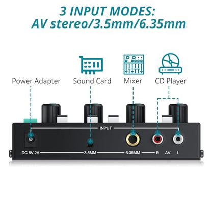 4 Channel Headphone Amplifier,Stereo Audio Amplifier Mixer with 3 Audio Inputs, Individual Mute & Volume Control, Mono/Stereo 1/4" & 1/8" TRS Output, Includes Power Adapter & Audio Cables - color: Black