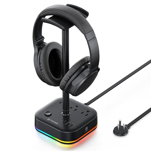 TROND Headphone Stand with USB C, Desk Gaming Headset Holder with 3 AC Outlets, 2 USB-A and 1 USB-C, Headset Stand with 5 RGB Light Modes, for Gaming Desk Accessories Gamer Boyfriend Gifts | 2 USB A and 1 USB C, Headset Stand with 5 RGB Light Modes, for G