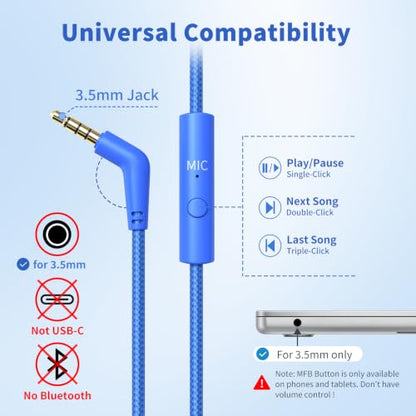 Botesty Sound Headphones Wired with Microphone for School, 3.5mm Plug Blue - color: Blue