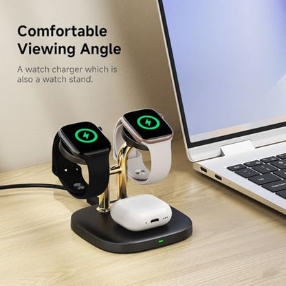 3 in 1 Dual Watch Wireless Charger Stand for Apple Watch Ultra/11 & AirPods | Dual magnetic watch charging, 5W Fast watch charge, Ergonomic design, Chrome plated plastic stand, Multi safety guard, 704A - color: Black & Gold