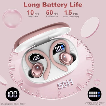 Hupoaf Wireless Earbuds Sport, NEW Bluetooth 5.4 Headphones with Earhooks, 50H Stereo Deep Bass Over Ear Buds with 4 ENC Noise Canceling Mics, IP7 Waterproof Earphones for Running Workout Gym -Pink - color: A-Pink