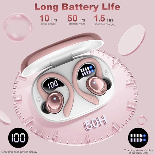 Hupoaf Wireless Earbuds Sport, NEW Bluetooth 5.4 Headphones with Earhooks, 50H Stereo Deep Bass Over Ear Buds with 4 ENC Noise Canceling Mics, IP7 Waterproof Earphones for Running Workout Gym -Pink - color: A-Pink