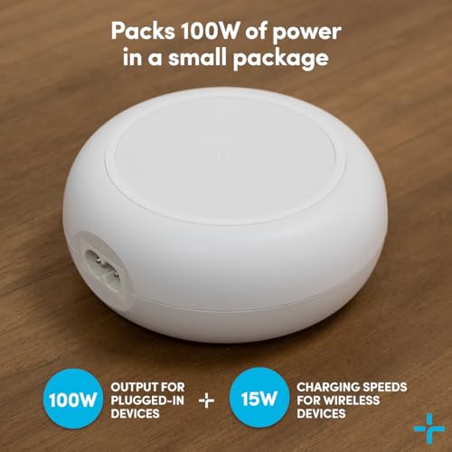 TYLT Hub 100W Multi-Port Power Charging Station, Compact Wireless Fast Charger with 3 USB-C Ports and 1 USB-A Port for MacBook, iPhone, iPad, and Qi Compatible Devices, White