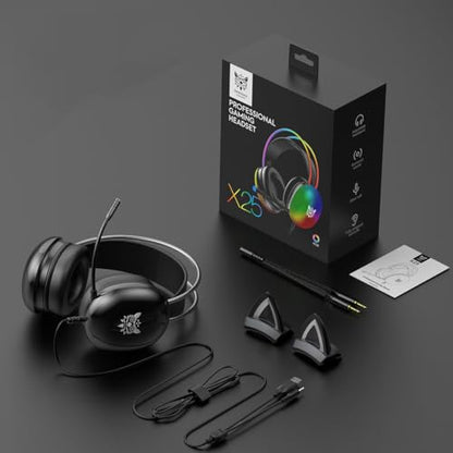 Cat Ear Gaming Headset with Microphone, RGB Rainbow Lighting, Surround Sound, 3.5mm Wired Over-Ear Headphones for PC/PS4/PS5/Switch/Laptop, Lightweight and Adjustable Headband - color: Black Cat Ears